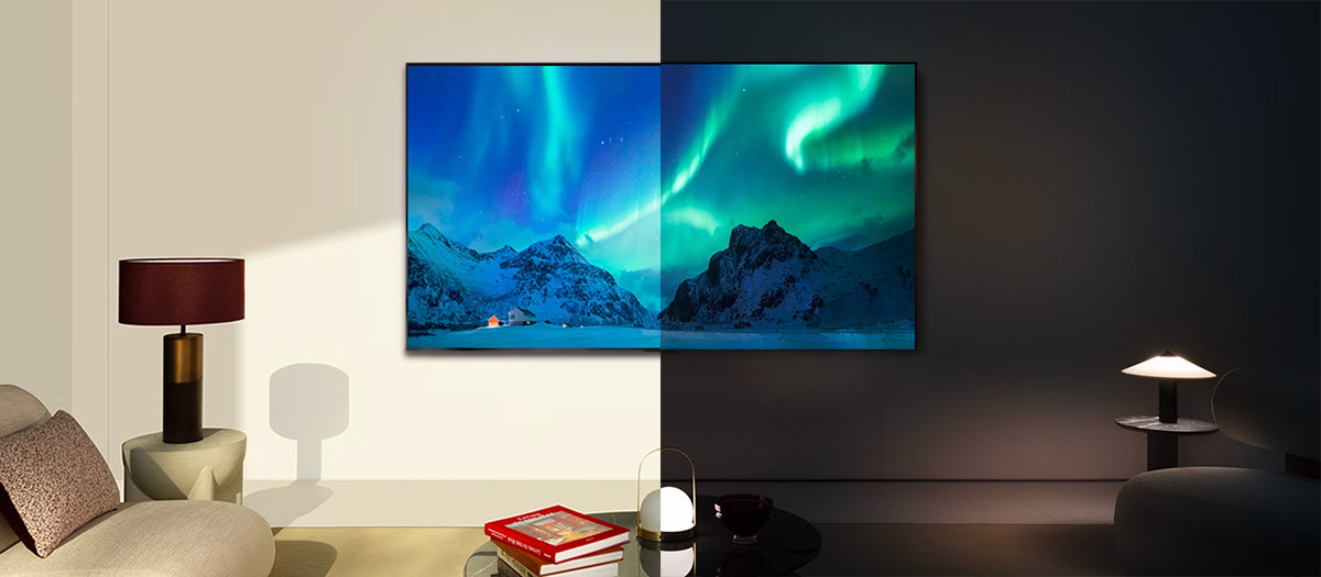 Μια LG OLED TV σε ένα σύγχρονο σαλόνι τη νύχτα. Εμφανίζεται μια εικόνα της οθόνης του Βόρειου Σέλας με τα ιδανικά επίπεδα φωτεινότητας.